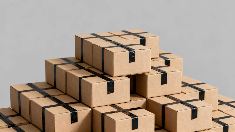 一堆棕色包装箱堆叠在一起图片