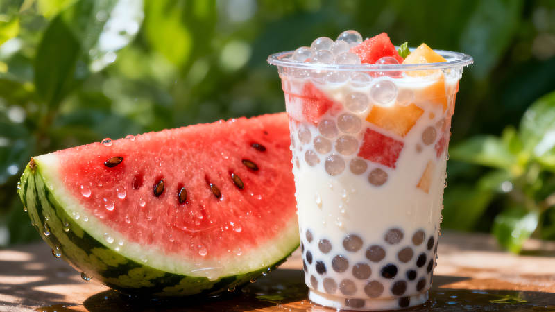 西瓜奶茶清凉解渴冰爽水果饮品图片