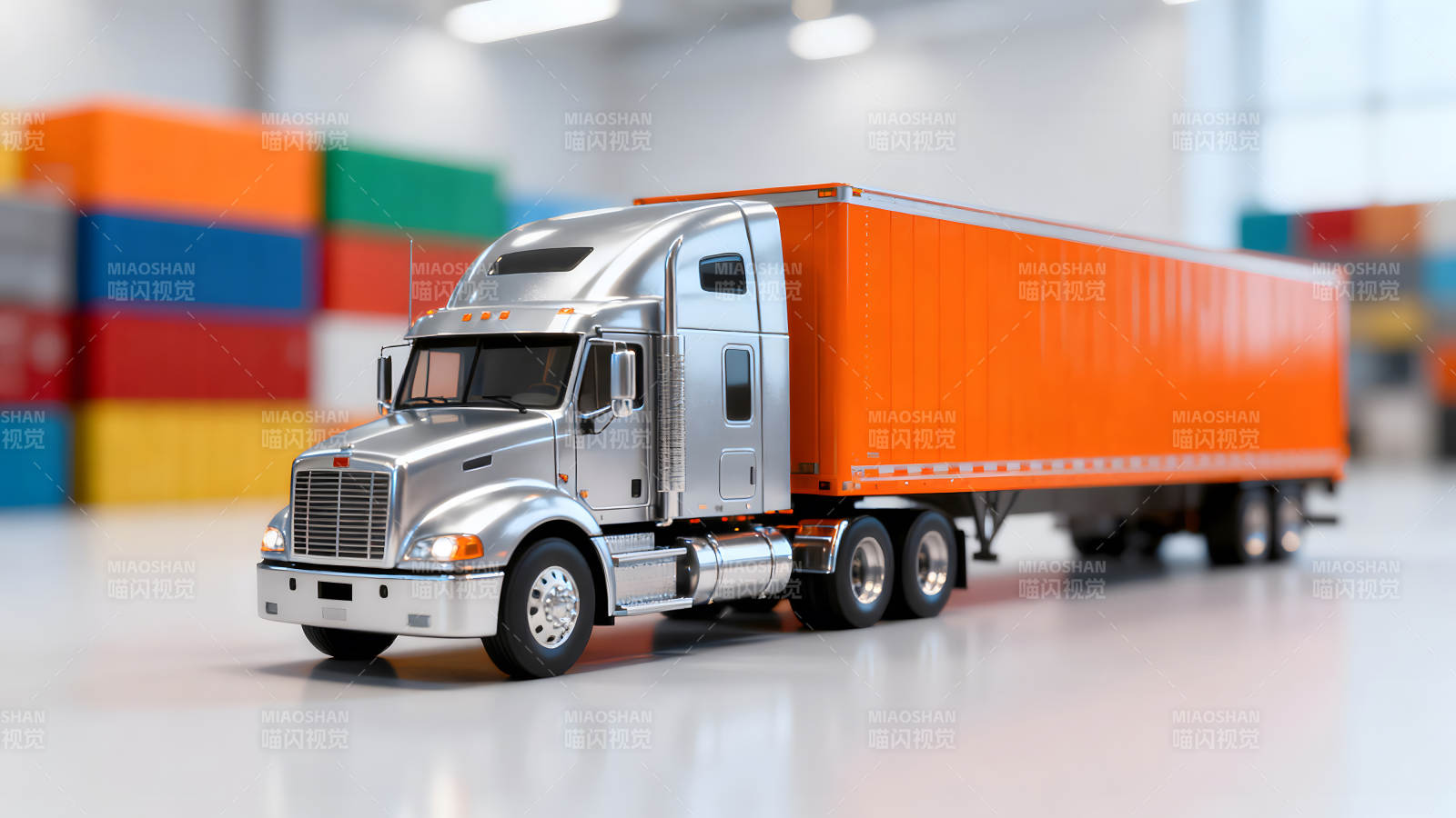 银色卡车运载橙色货柜箱图片
