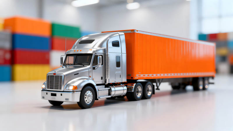 银色卡车运载橙色货柜箱图片