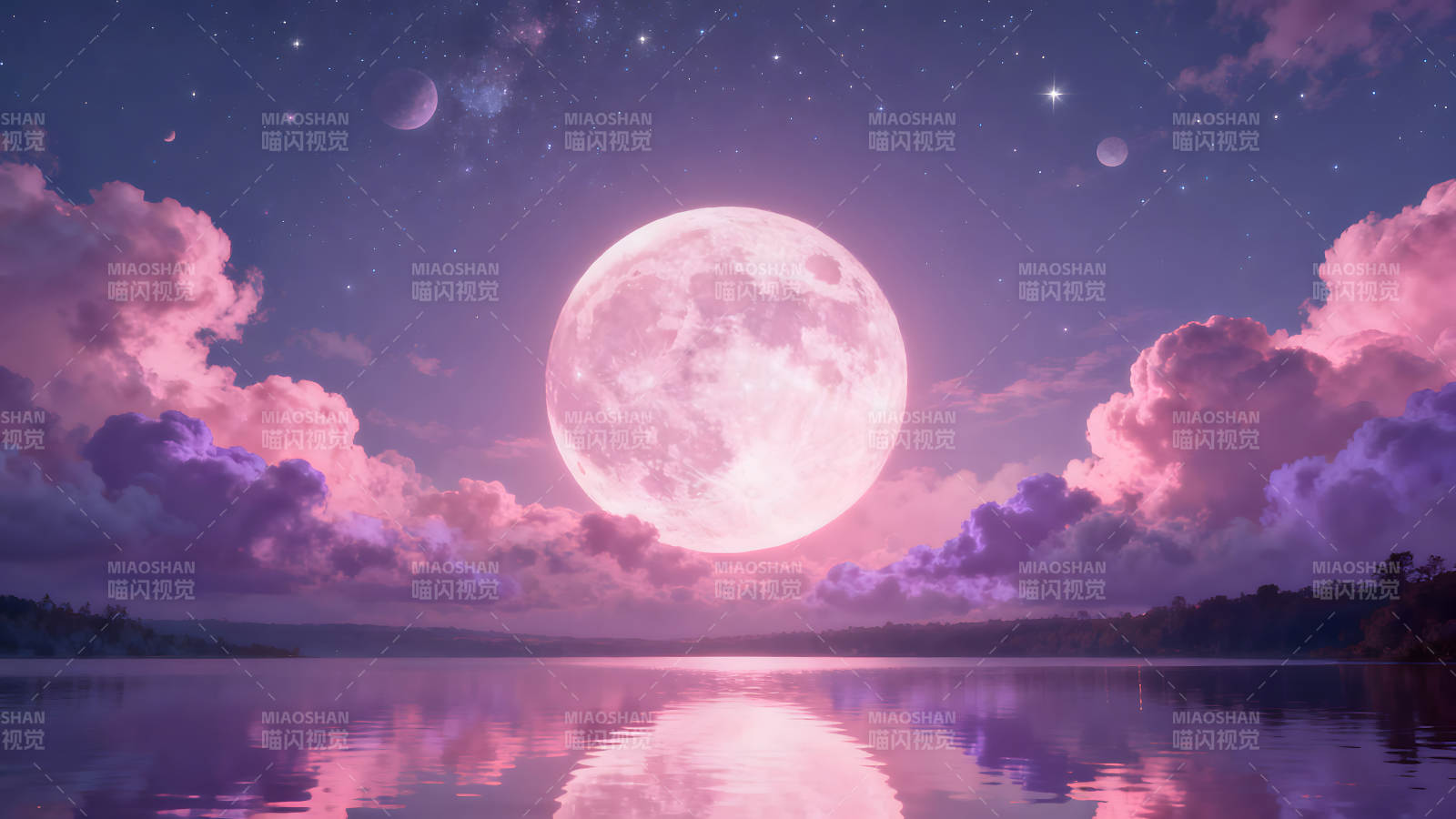 粉色月亮下的宁静湖面星空图片