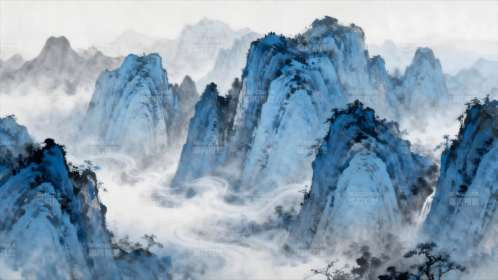 水墨山水画意境悠远云雾缭绕图片