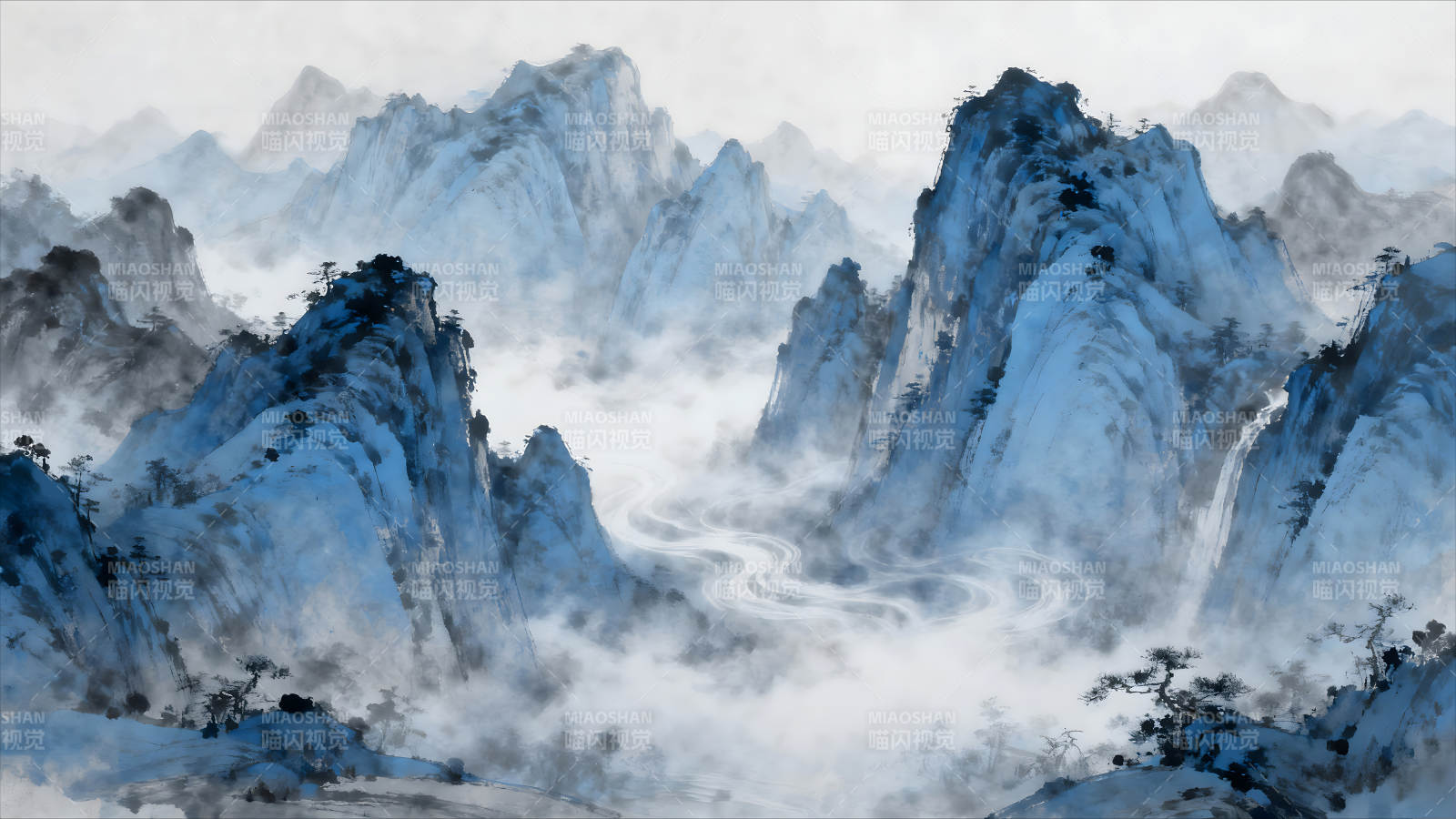 水墨山水画峰峦叠嶂云雾缭绕图片