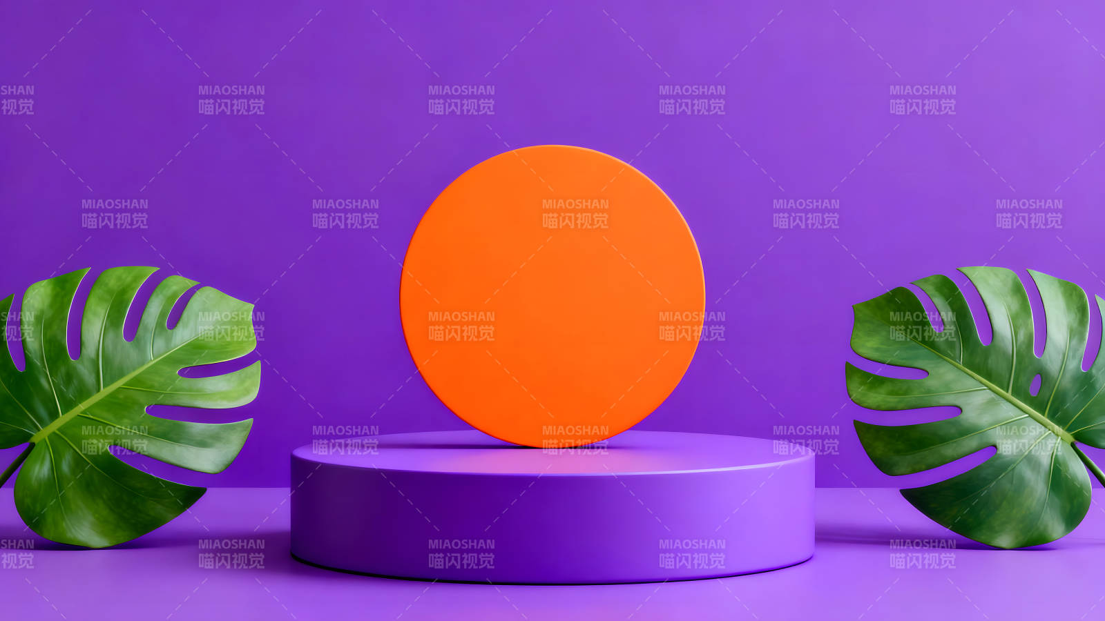 抽象的橙色圆盘与绿色叶片紫色背景图片
