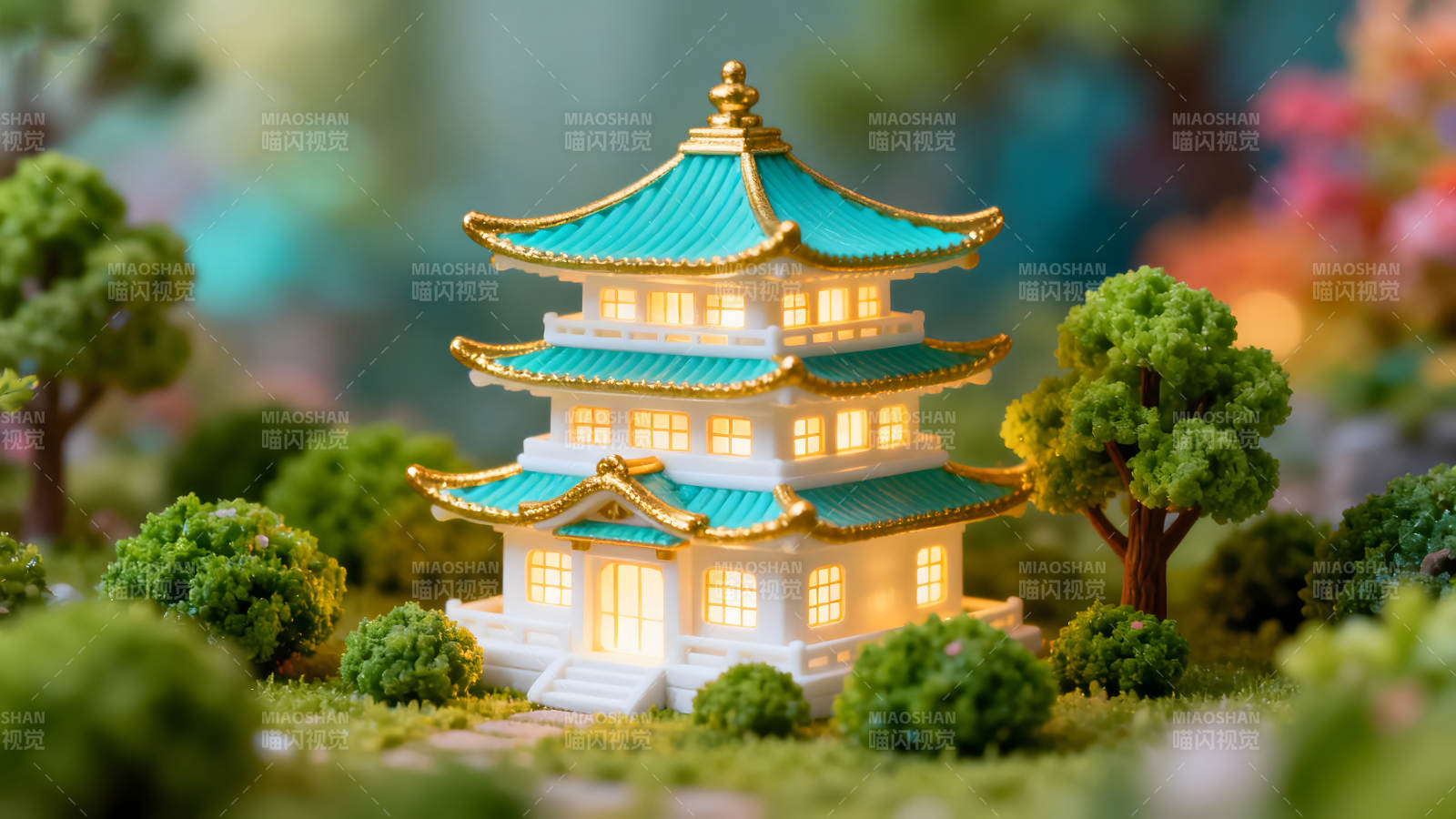 东方风格的迷你发光建筑模型图片