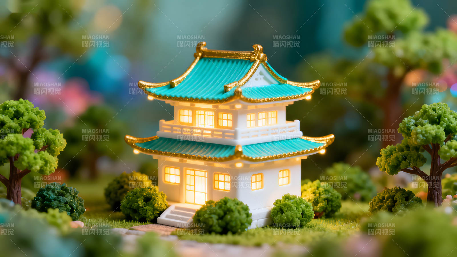 微型日式建筑闪耀光芒绿植环绕图片