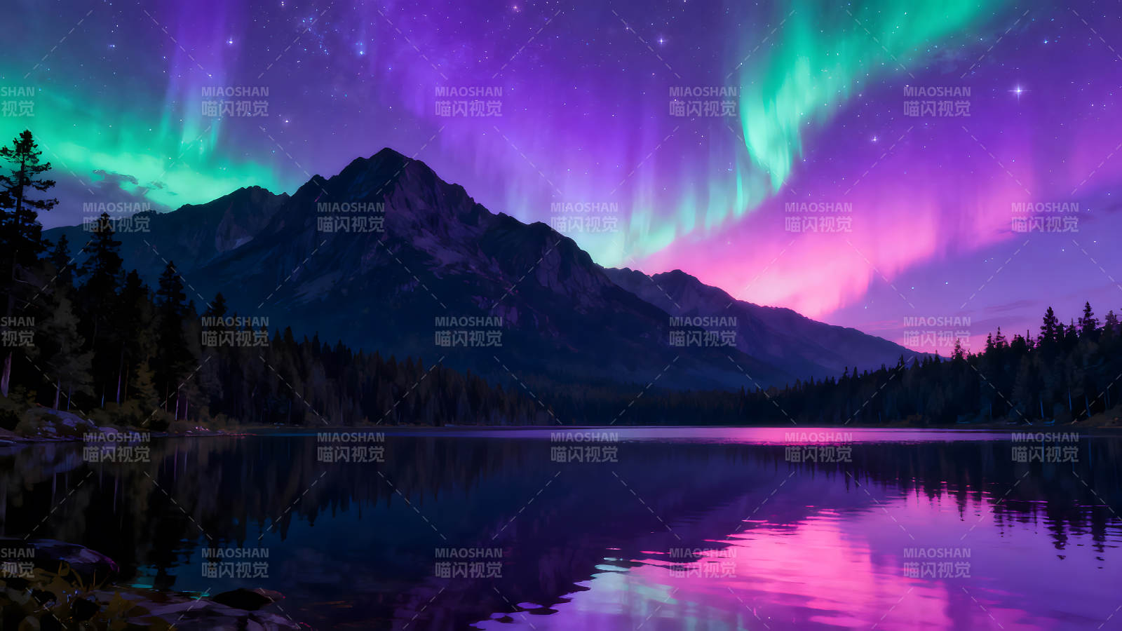 北极光下的山脉和湖泊倒影构成迷人景色图片