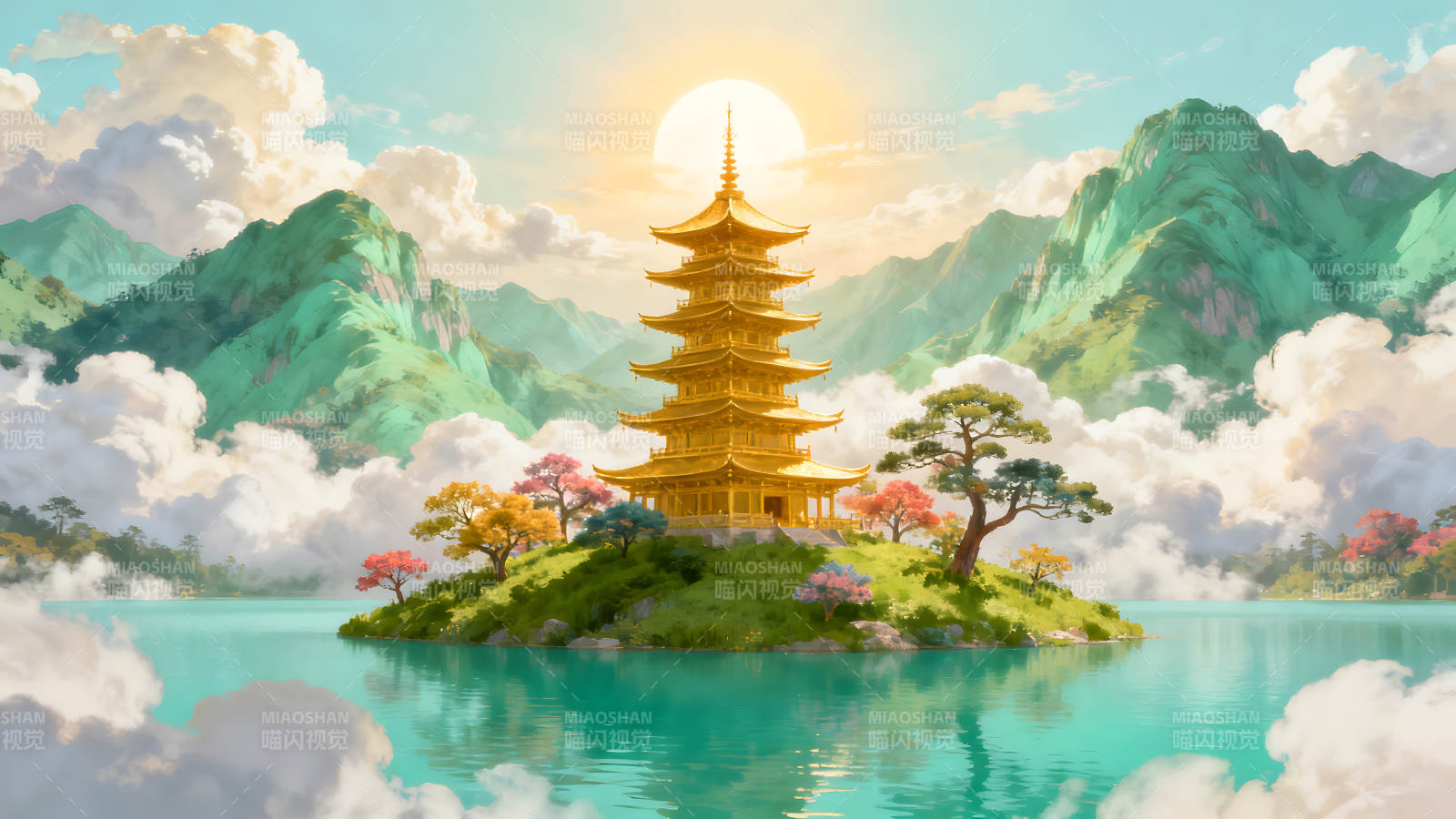 金光闪耀的宝塔在碧波之上图片