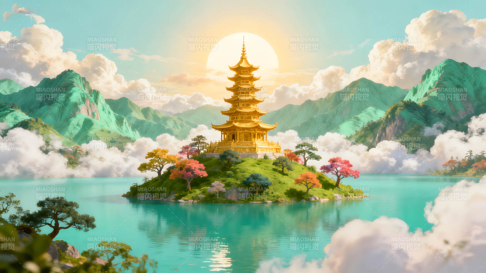 金碧辉煌的寺庙岛屿仙境图片