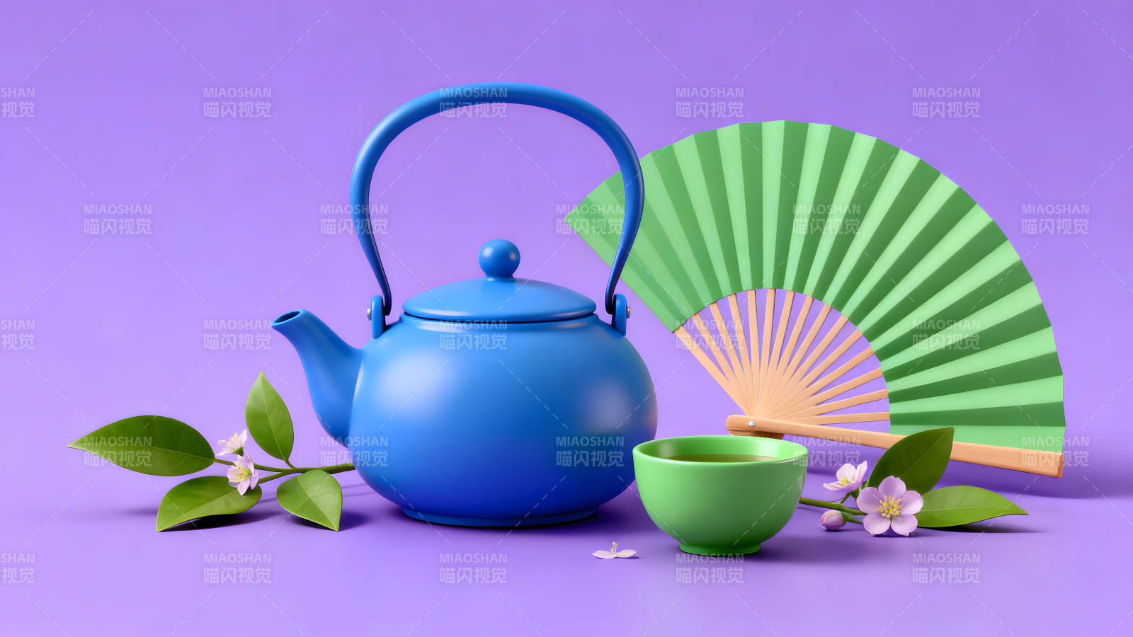 蓝茶壶茶杯绿扇子配花图片