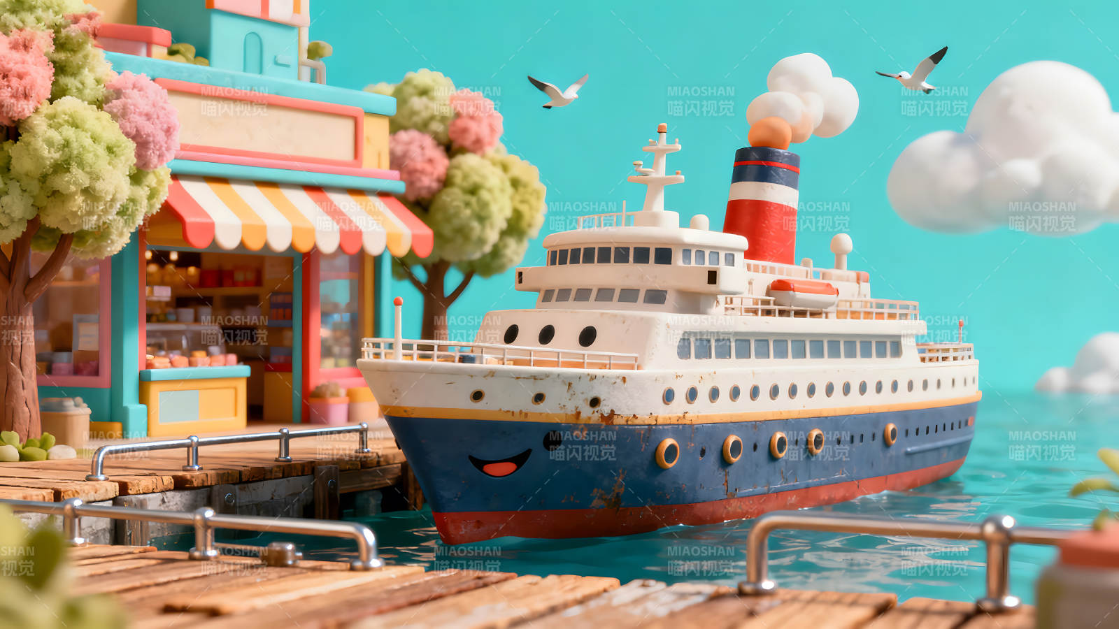卡通风格的港口景色图片