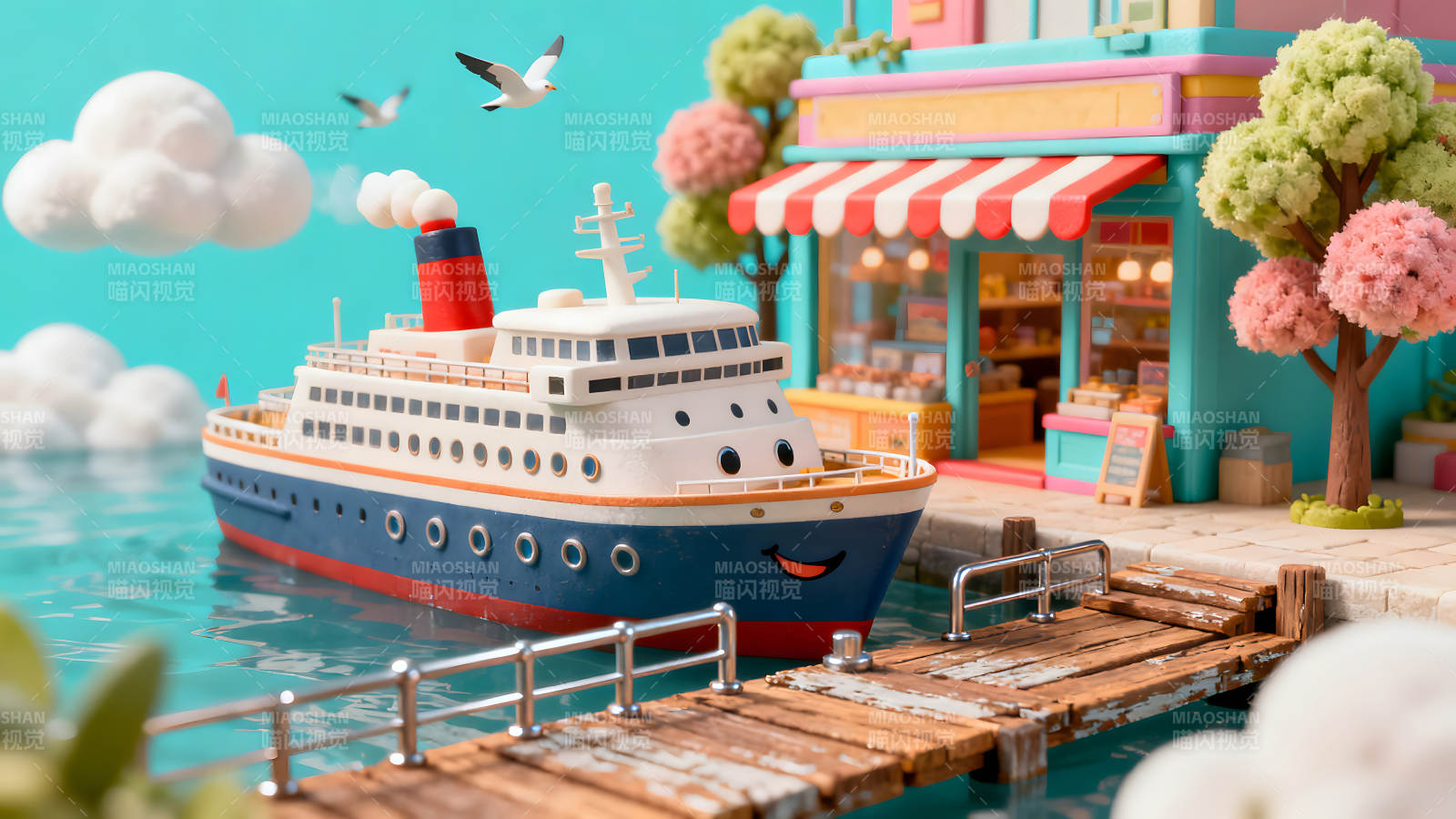 卡通游轮停靠港口氛围温馨图片