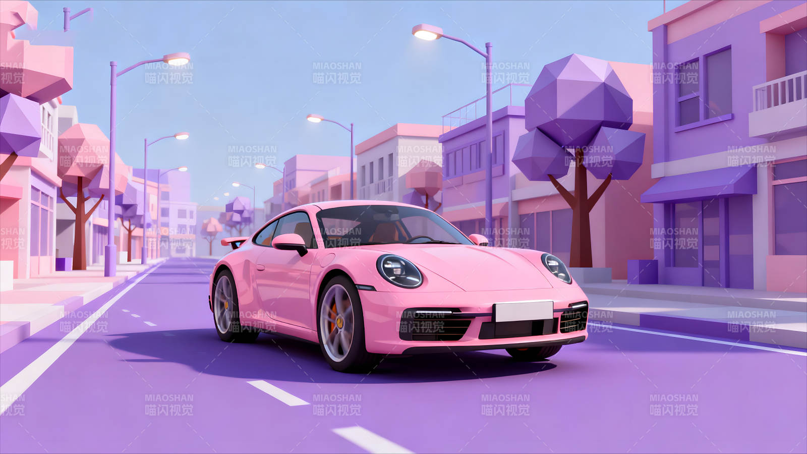 粉色跑车穿行在卡通城市街道上图片