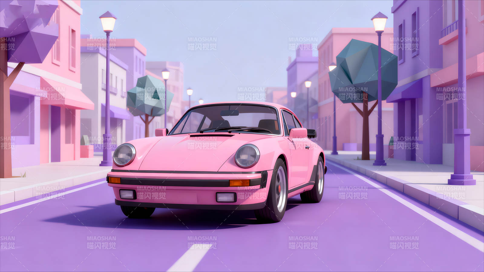 粉色汽车在卡通城市街道上行驶图片