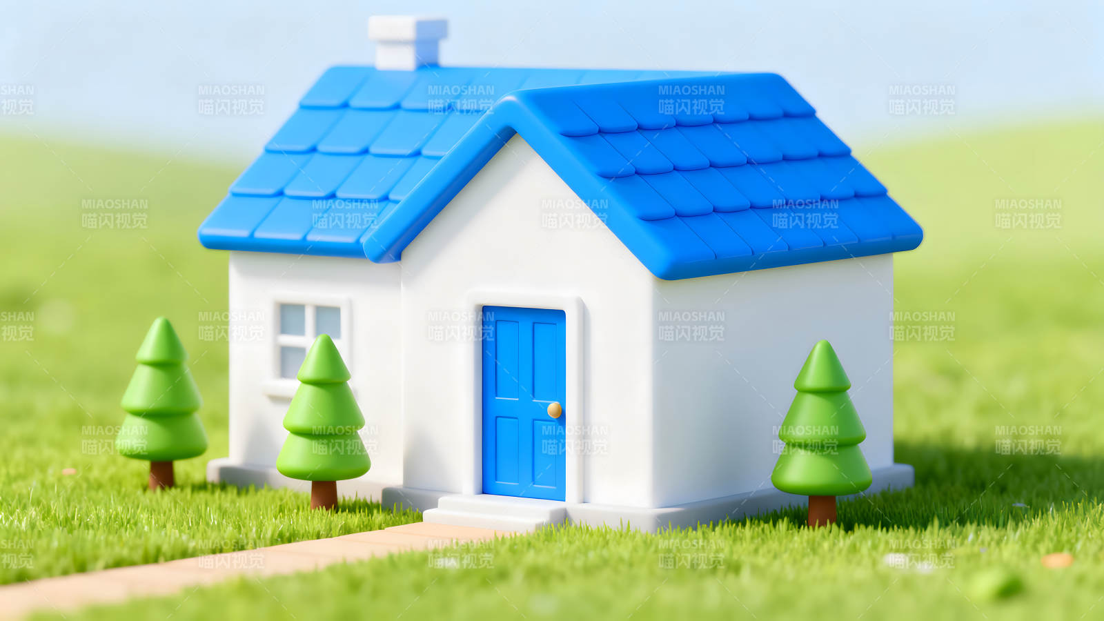 卡通风格的房子在草地上图片