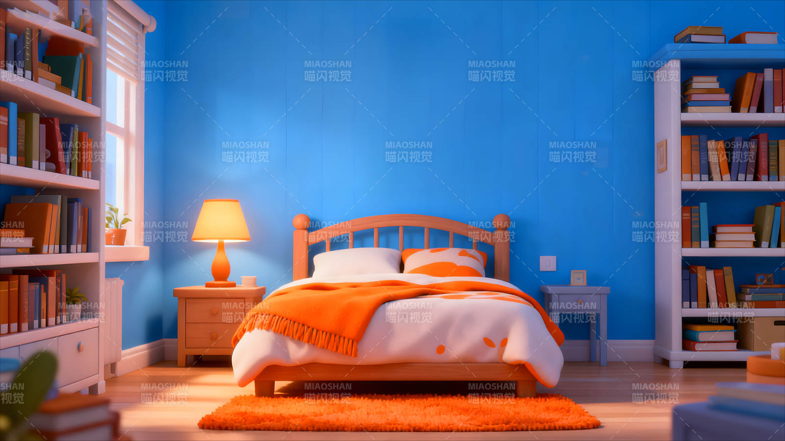 舒适的卧室温暖的阳光和书本图片