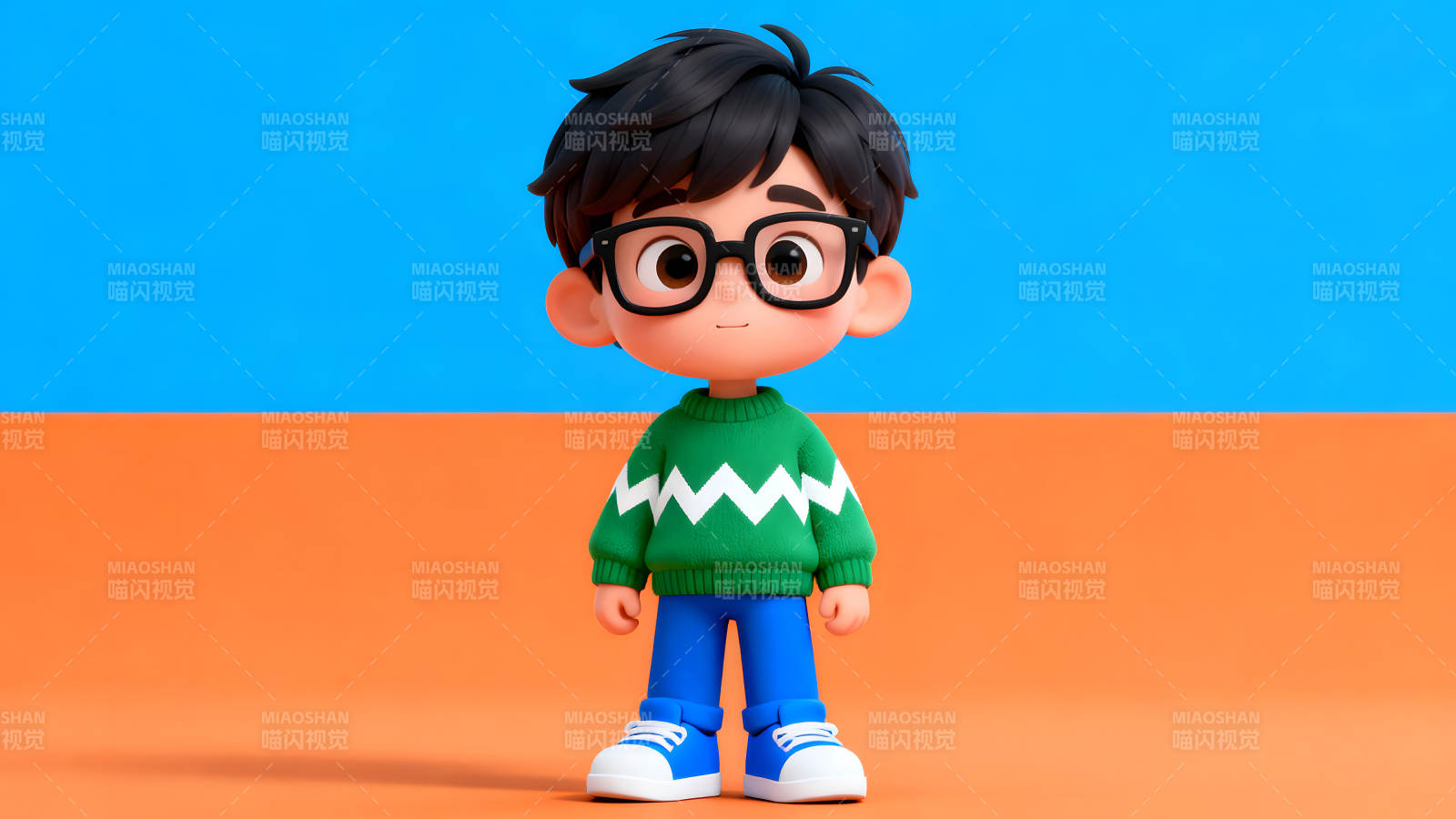 卡通男孩穿绿色毛衣戴眼镜图片