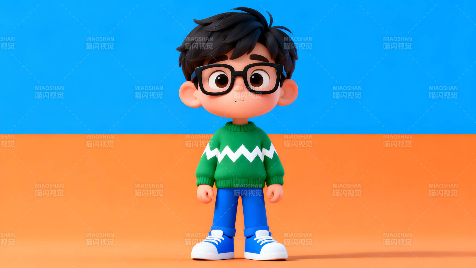 卡通男孩蓝色背景橙色地面图片