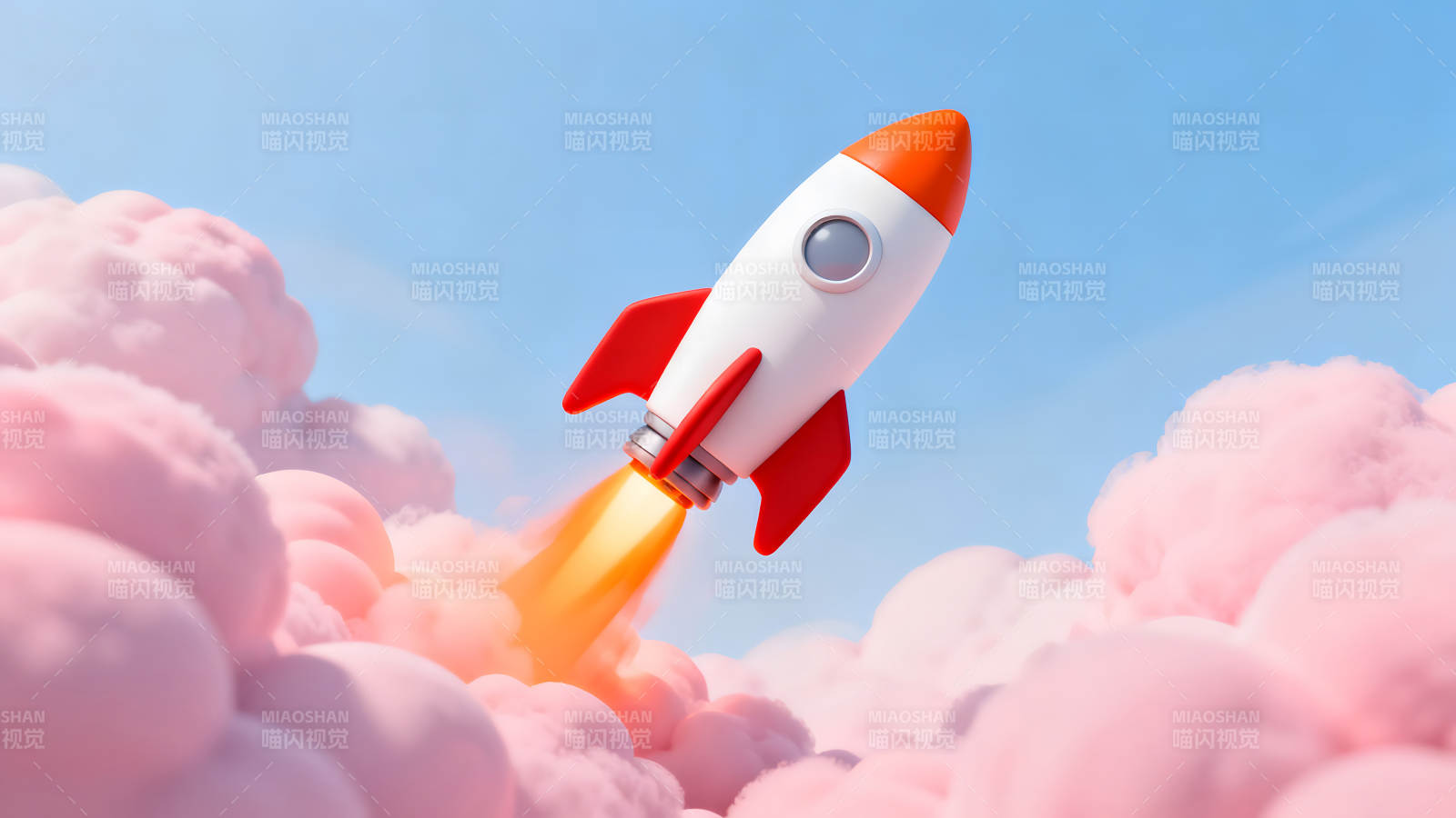 卡通火箭飞向蓝天粉色云朵图片