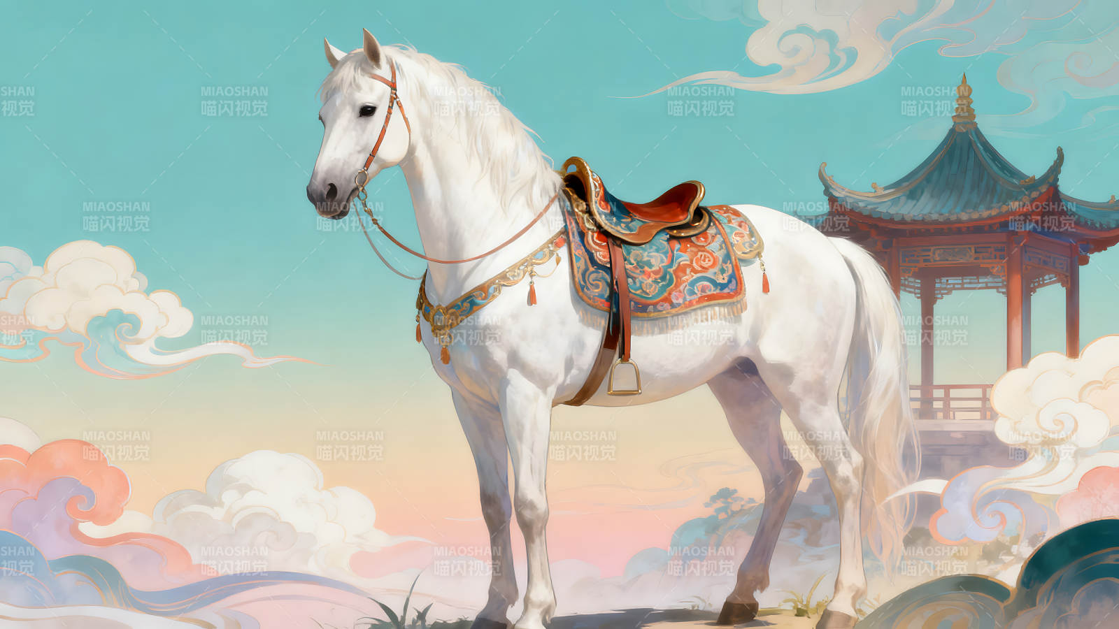 华丽的白马伫立在亭子旁图片