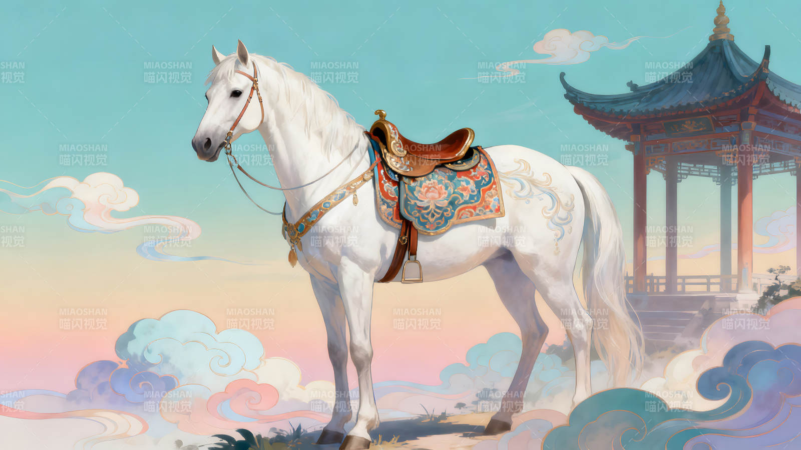 白马鞍饰中国风亭台楼阁图片