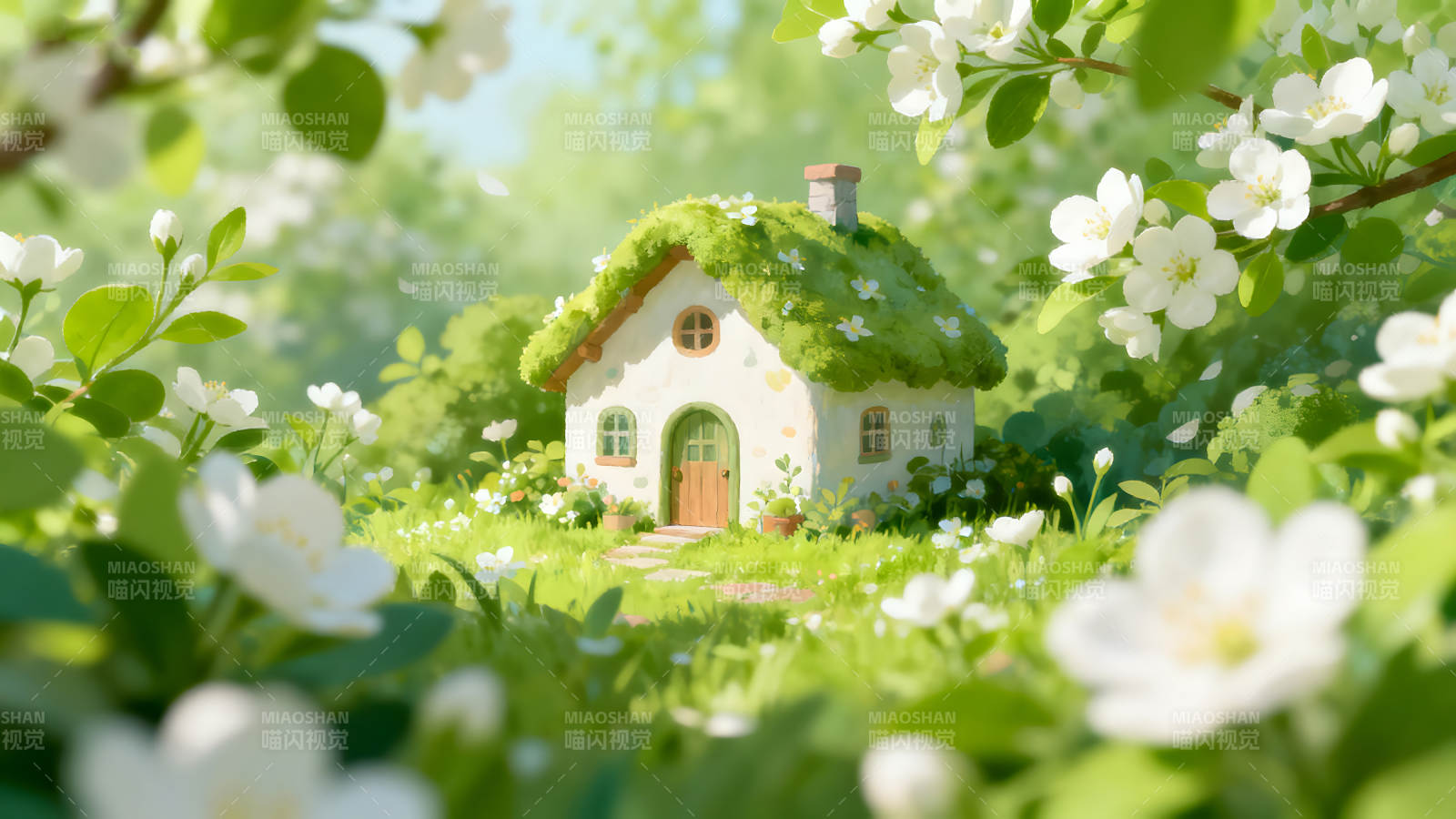 田园风格的小房子被鲜花围绕图片