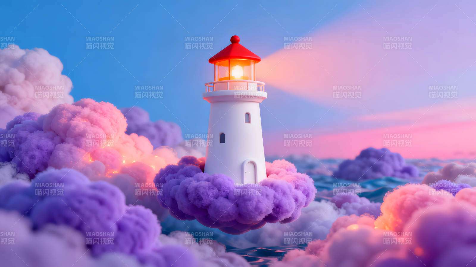 梦幻灯塔浮现于云海之上光芒闪耀图片