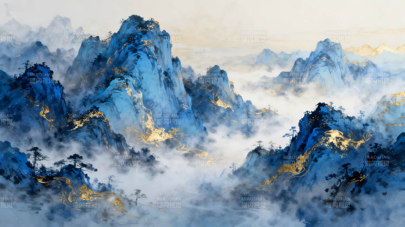 水墨山水画蓝金色调山峰云雾图片