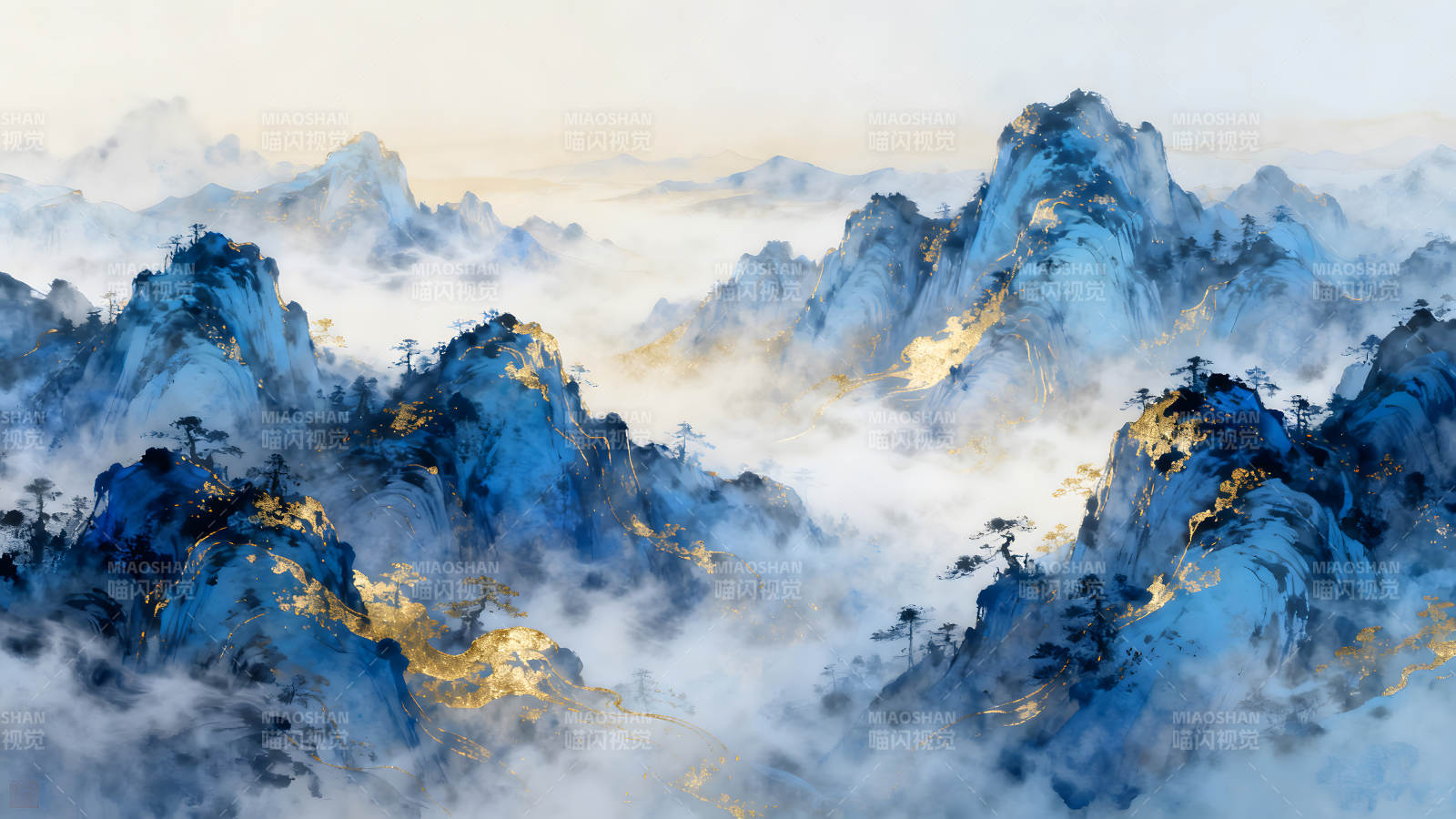 水墨山水画金色点缀云雾缭绕图片