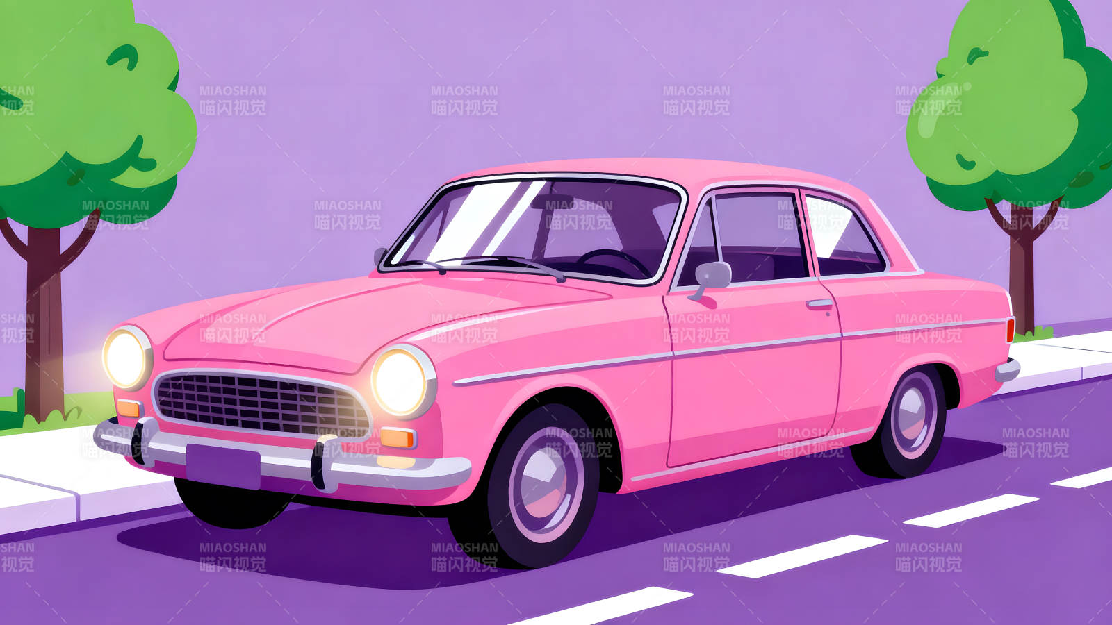 粉色复古汽车行驶在道路上图片