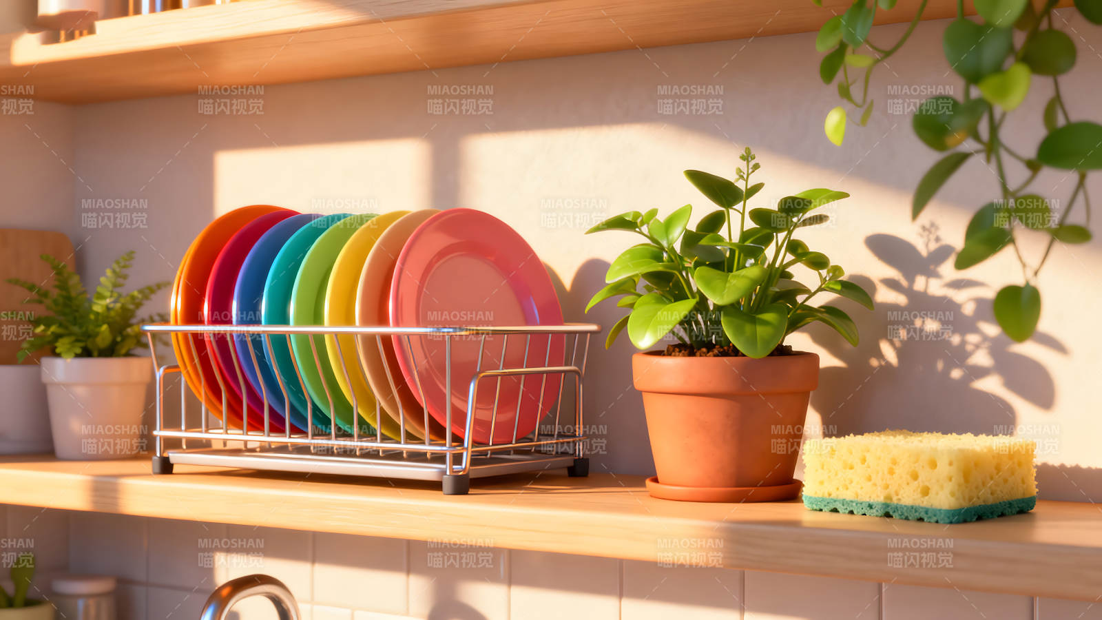 厨房一角彩色盘子与绿植图片