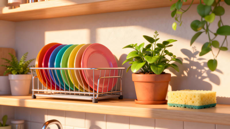 厨房一角彩色盘子与绿植图片