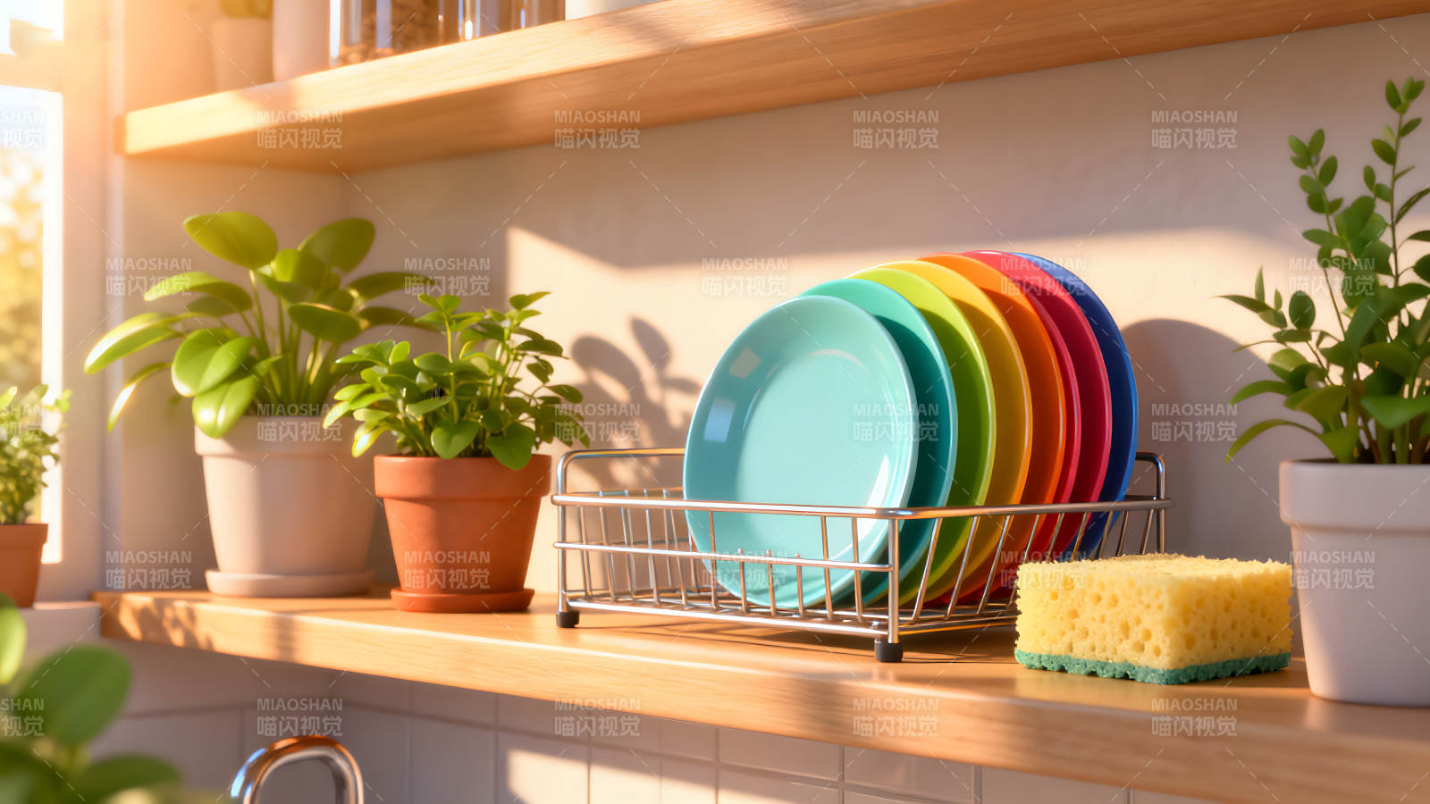 厨房一角彩色餐盘和植物图片