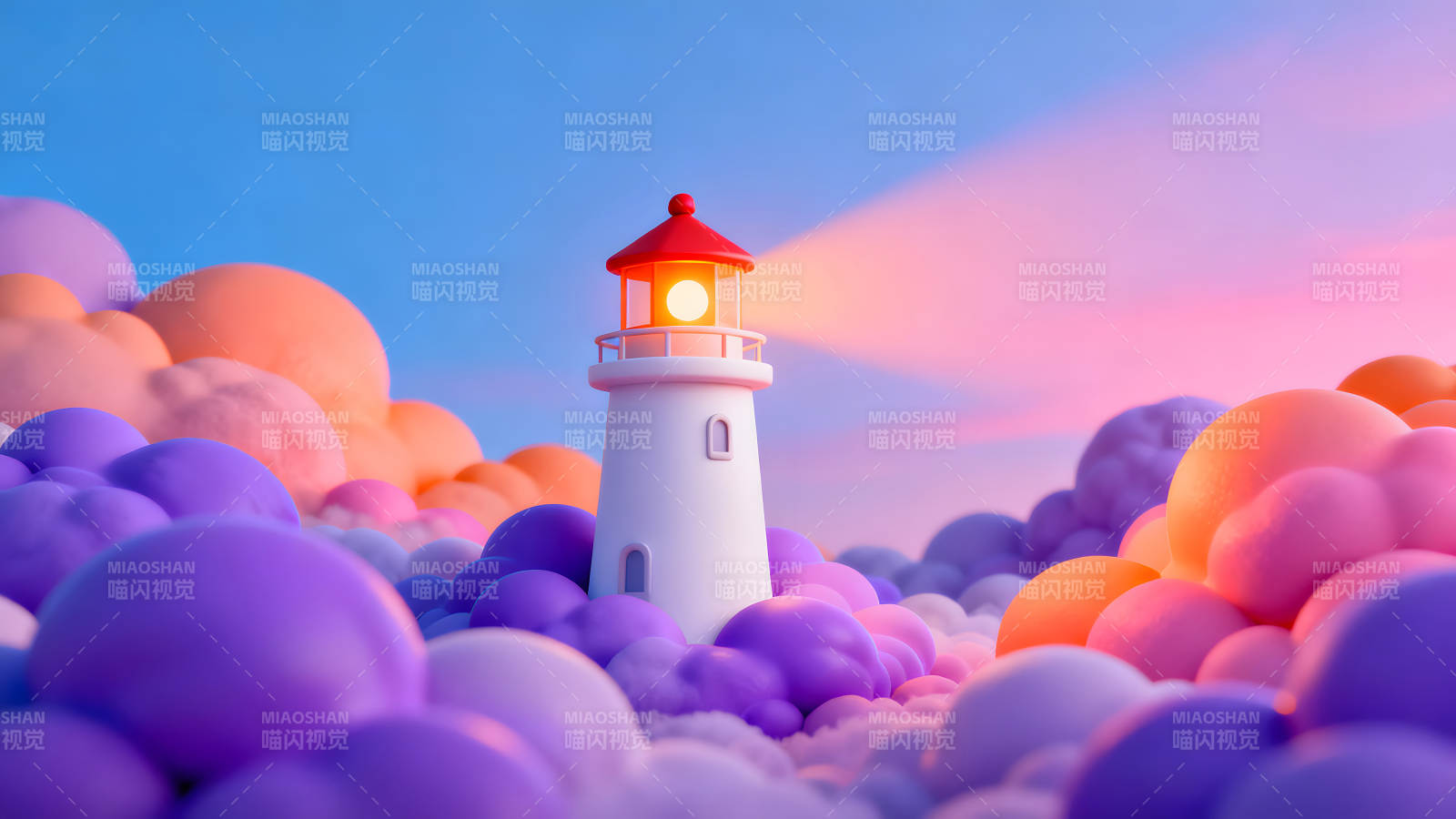 云中灯塔的光芒照亮天空图片