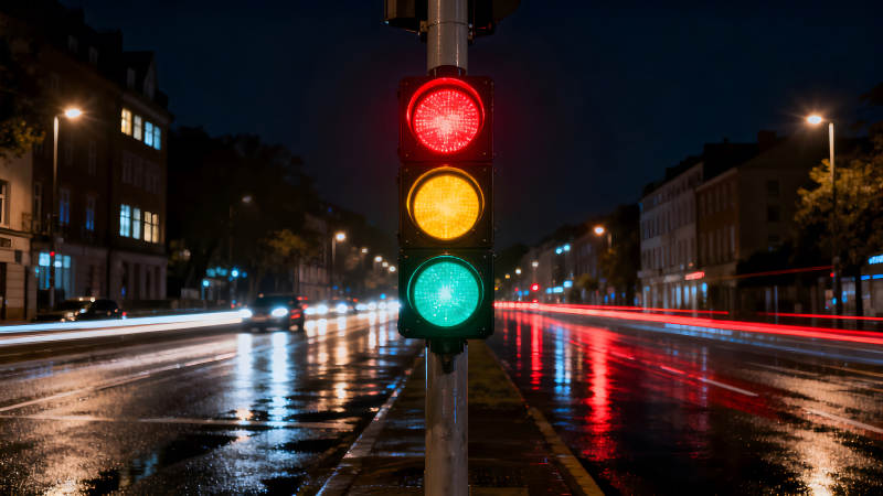 夜色下的红绿灯指引交通图片