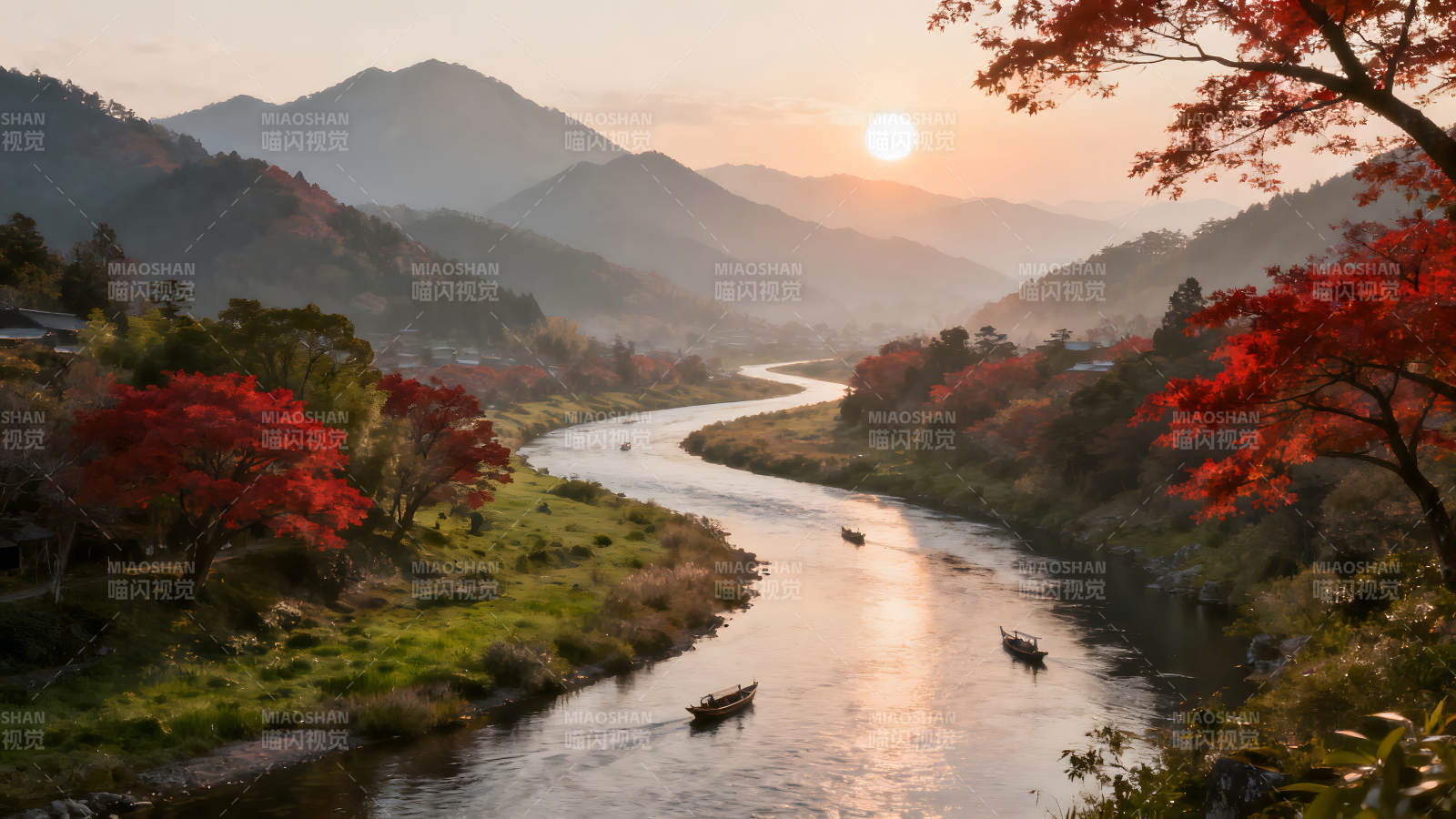 秋日山水风光红叶映衬船只点缀图片