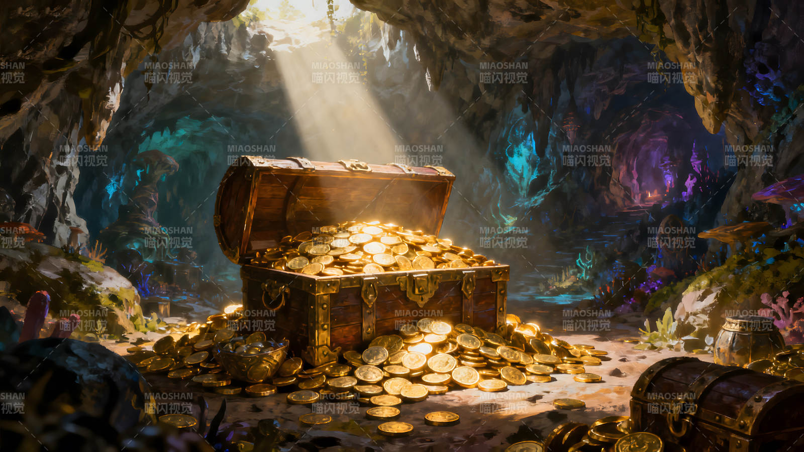 宝藏洞穴金币满溢阳光照射图片