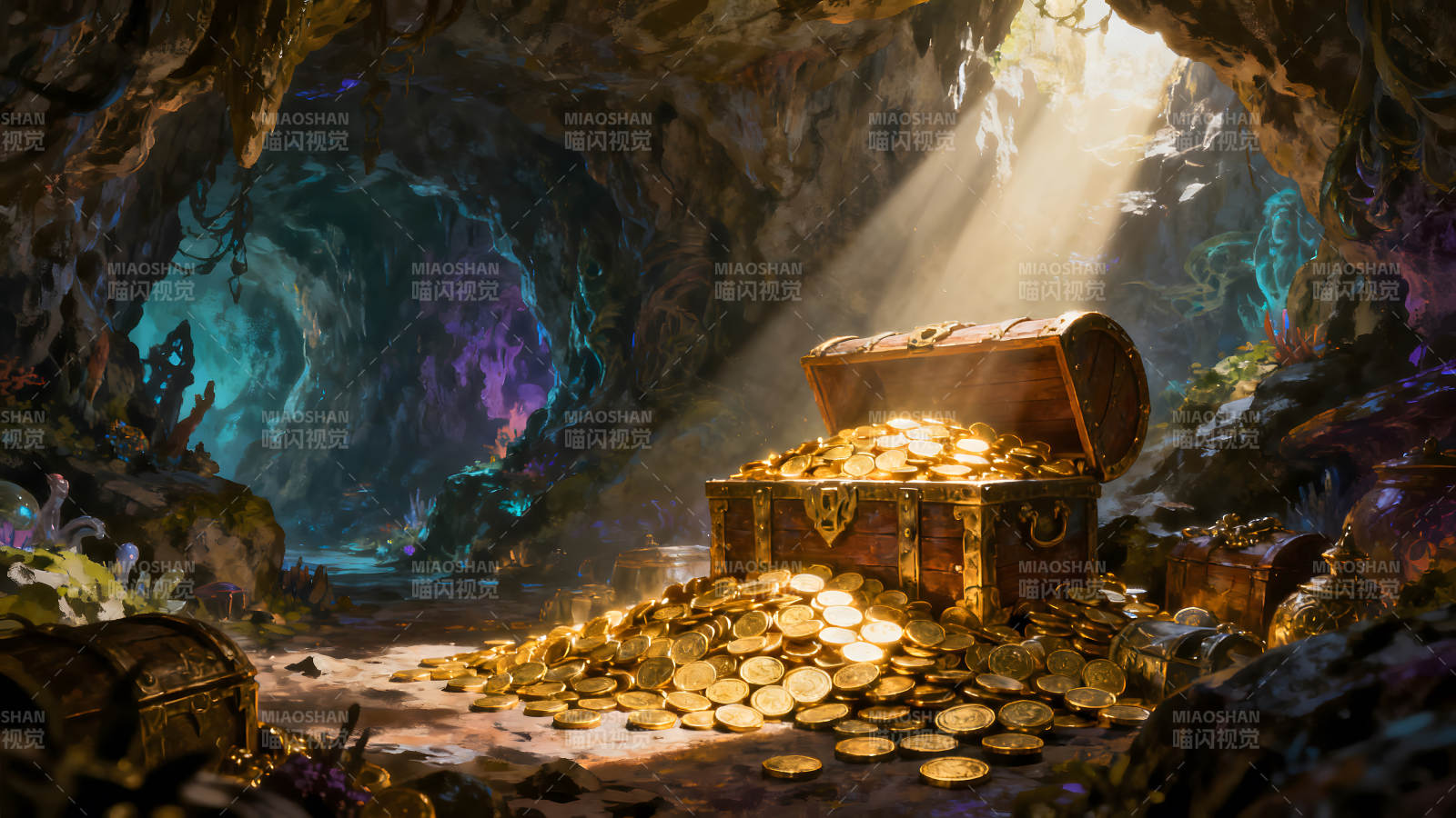 洞穴宝藏光芒四射金币堆积如山图片