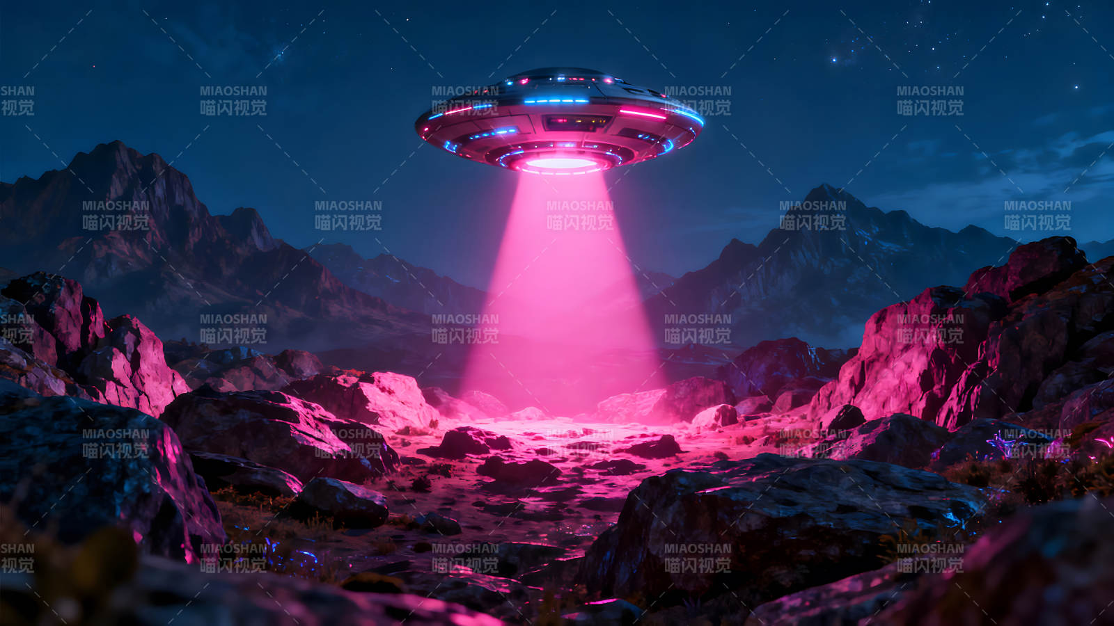 夜空下的UFO粉色光束照射大地图片