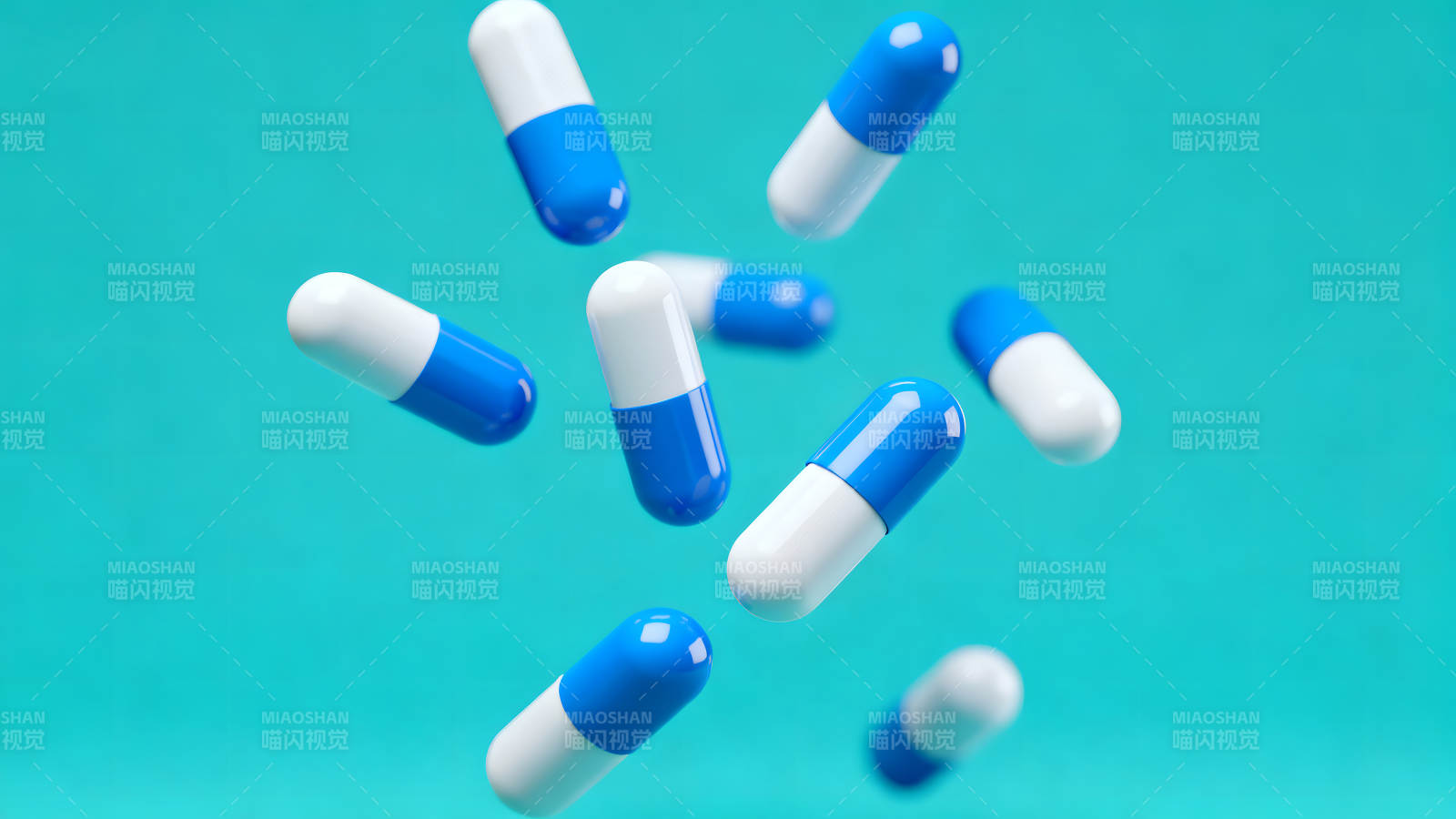 蓝色药丸悬浮在蓝色的背景上图片