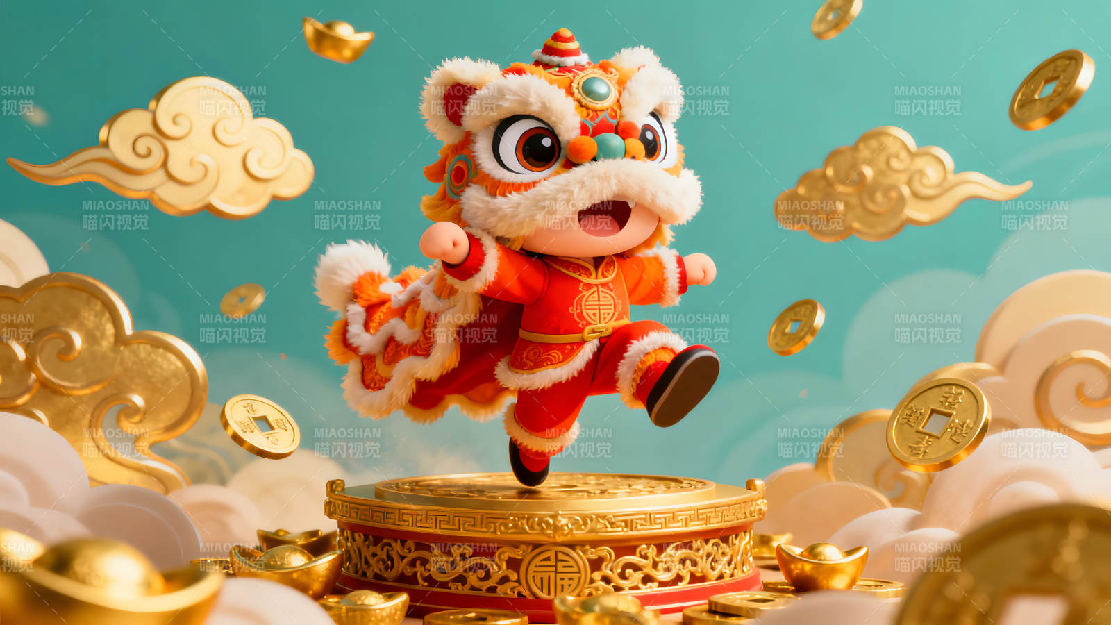 喜庆祥和的舞狮庆祝新年图片