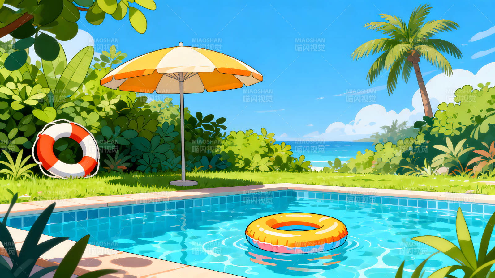 夏日泳池风景阳光明媚惬意图片
