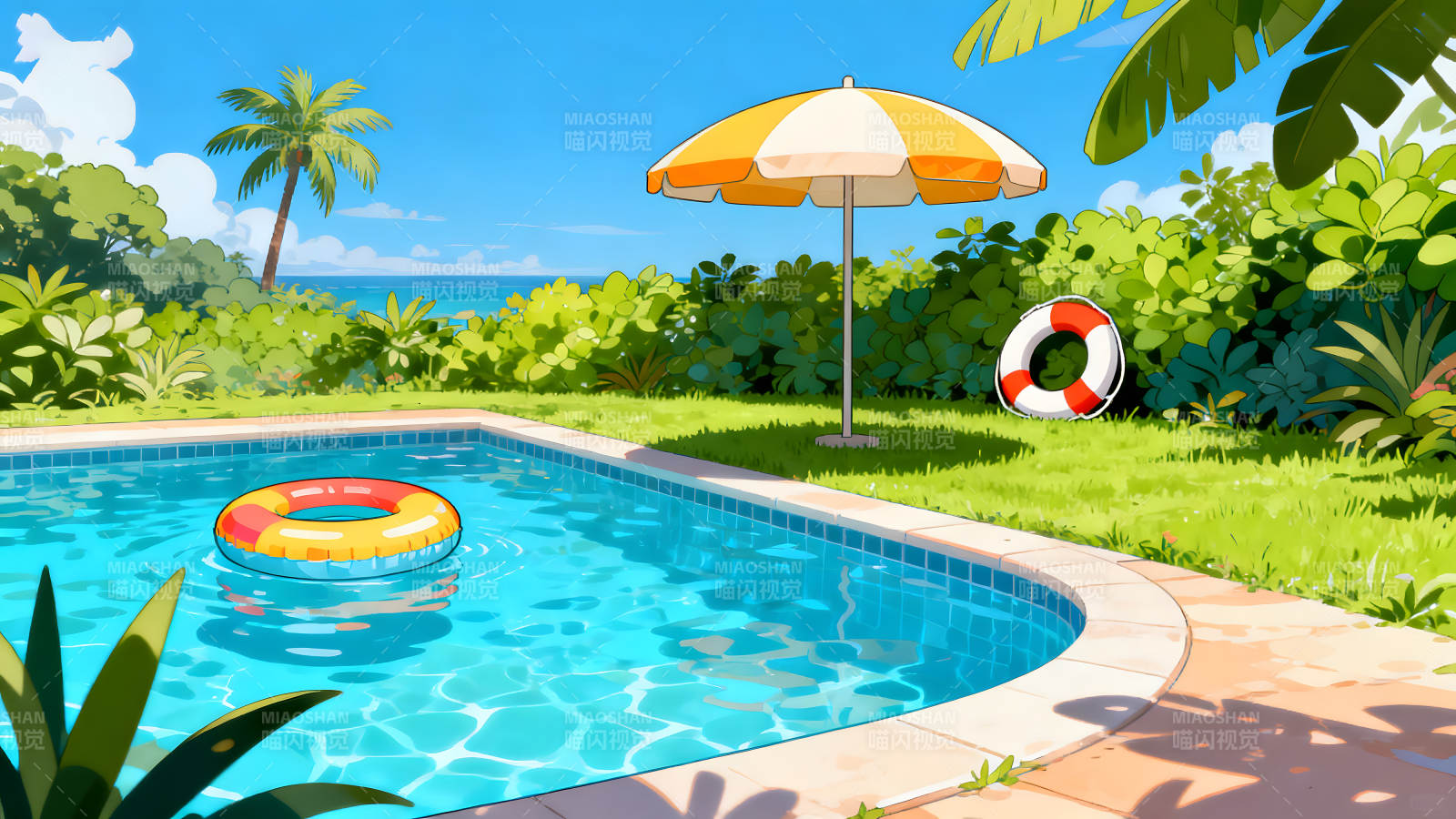 泳池晴天惬意休闲场景图片