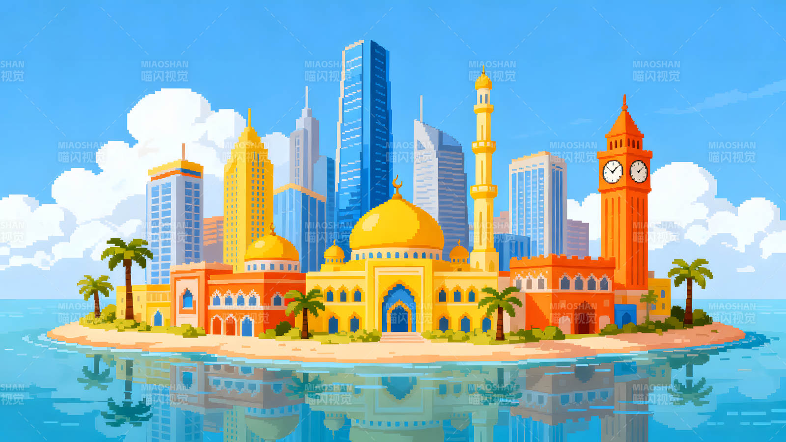 像素化城市风景包含清真寺钟楼图片