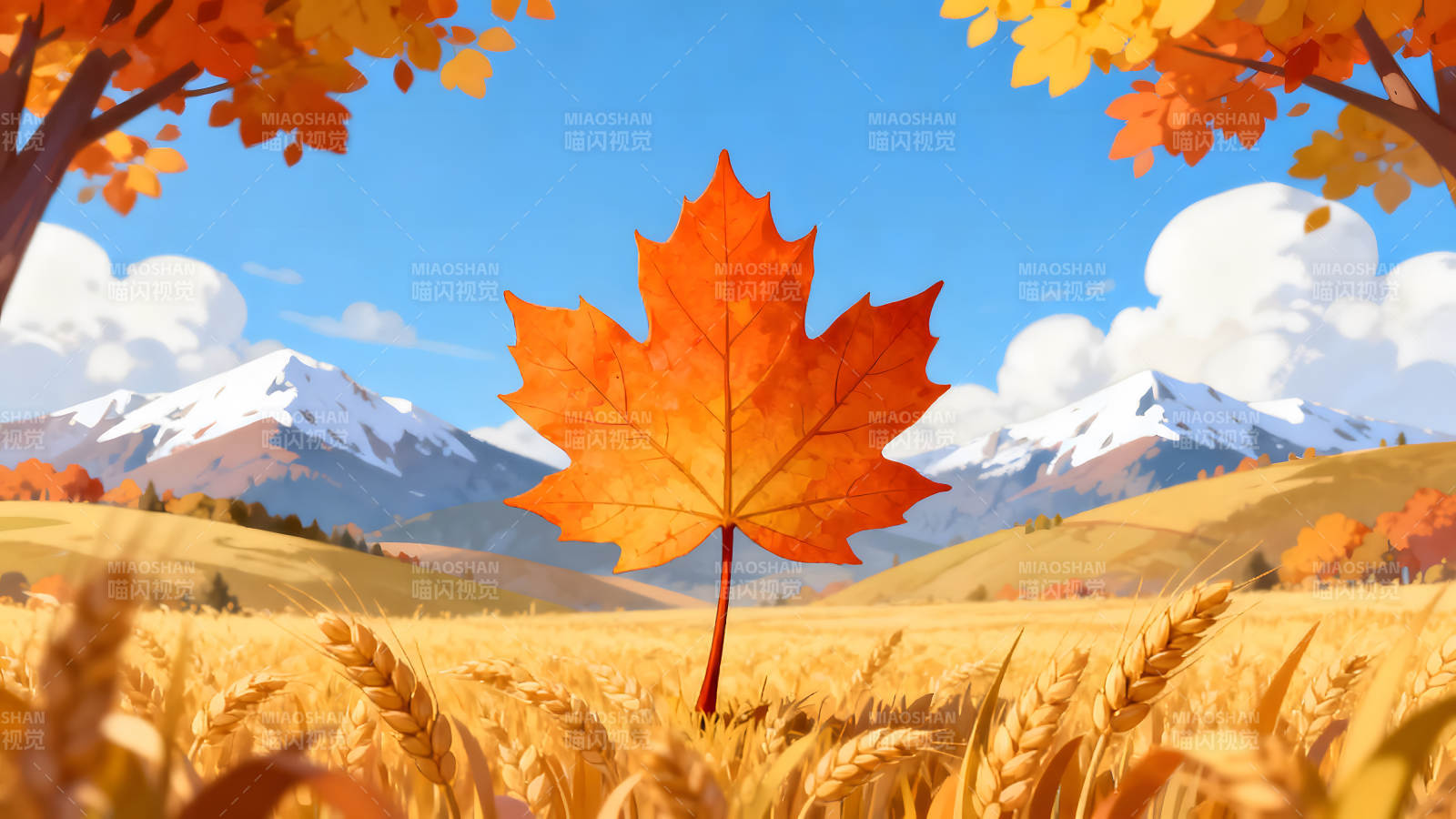 秋日风光枫叶麦田山川图片