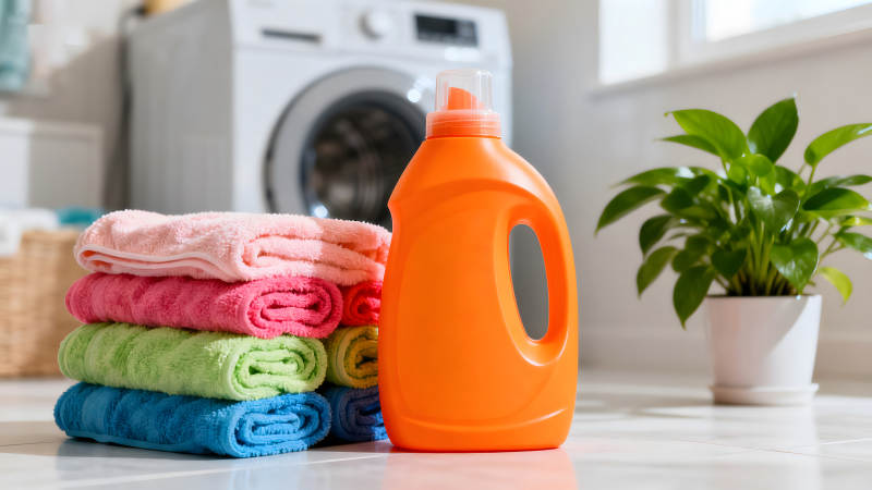 洗衣房内堆叠的毛巾和洗衣液图片