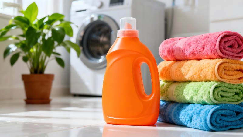 洗衣房景象洗涤液与毛巾图片