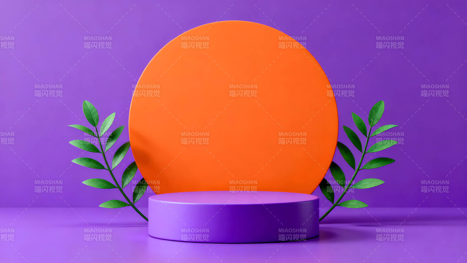 紫色背景上的橙色圆形和植物装饰图片