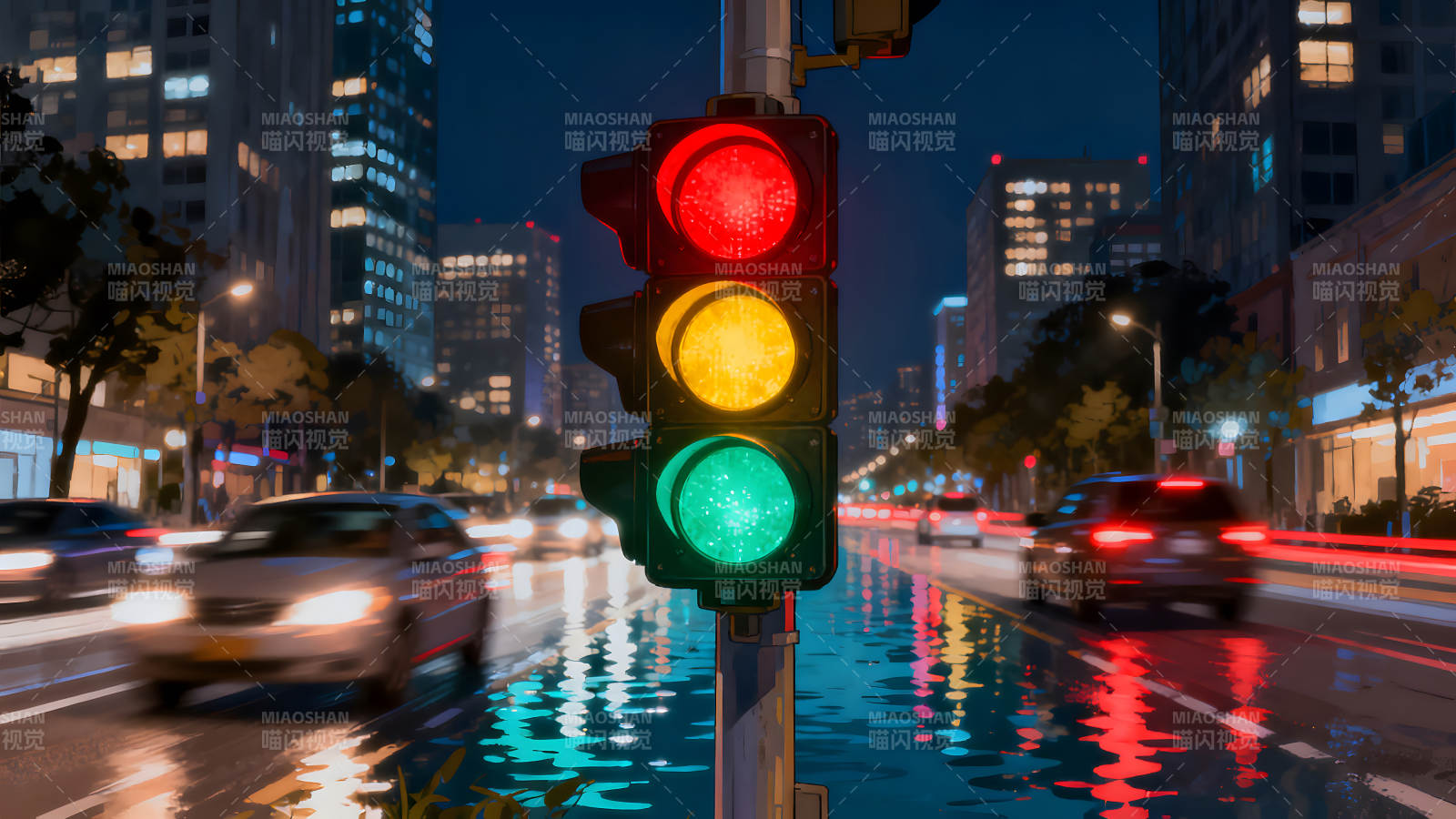 夜晚城市交通信号灯图片