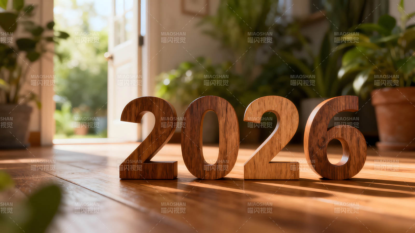 2026木质数字置于木地板上图片